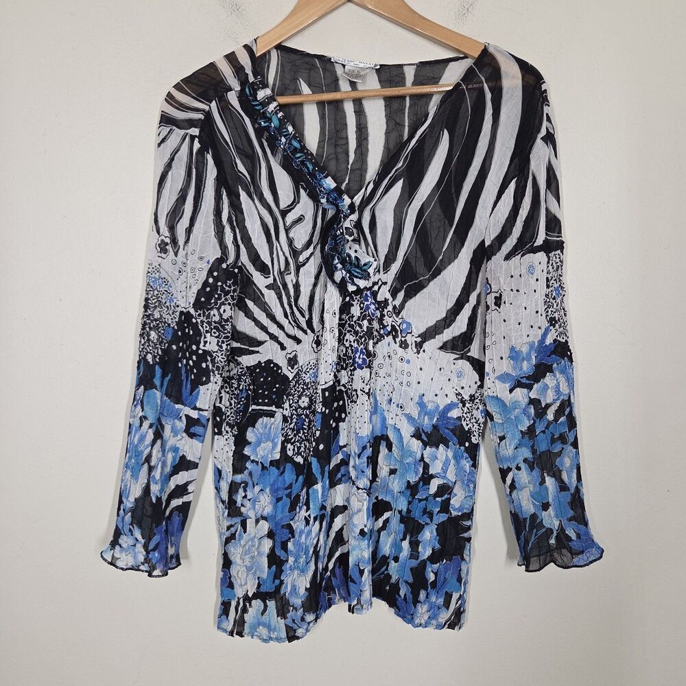 Vtg 90s Y2K Alberto Makali Zebra Floral Crinkle Pleat Sheer Top Beaded Fairy XL